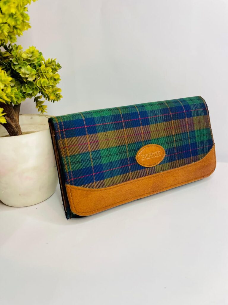 Vintage Wallet Green-Blue Plaid and Leather Wallet Luigi